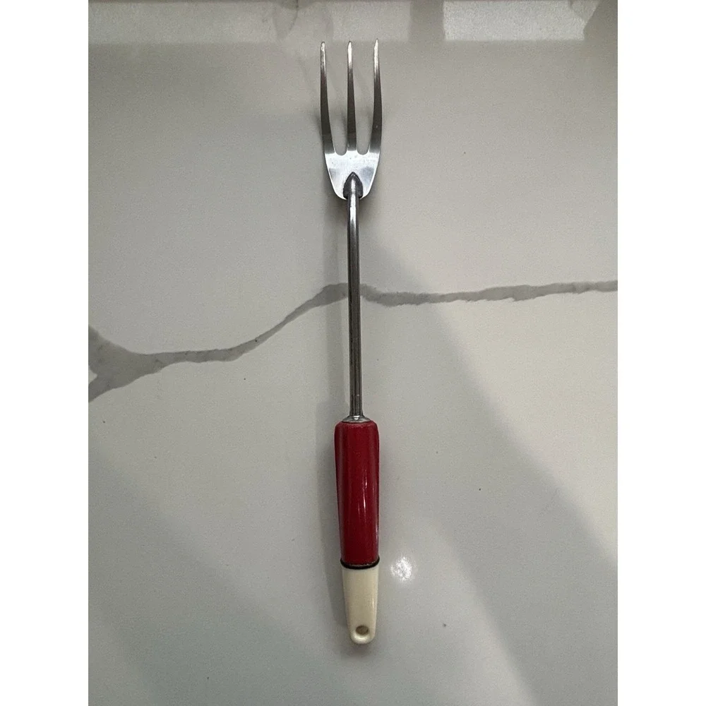 Vintage Stainless Steel Meat Serving Fork Three Prong A&J Red Wooden Handle USA